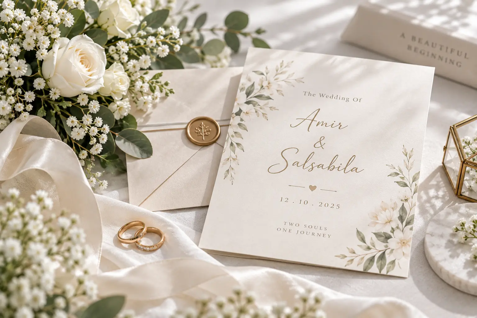 Pasangan pengantin dalam suasana pernikahan elegan